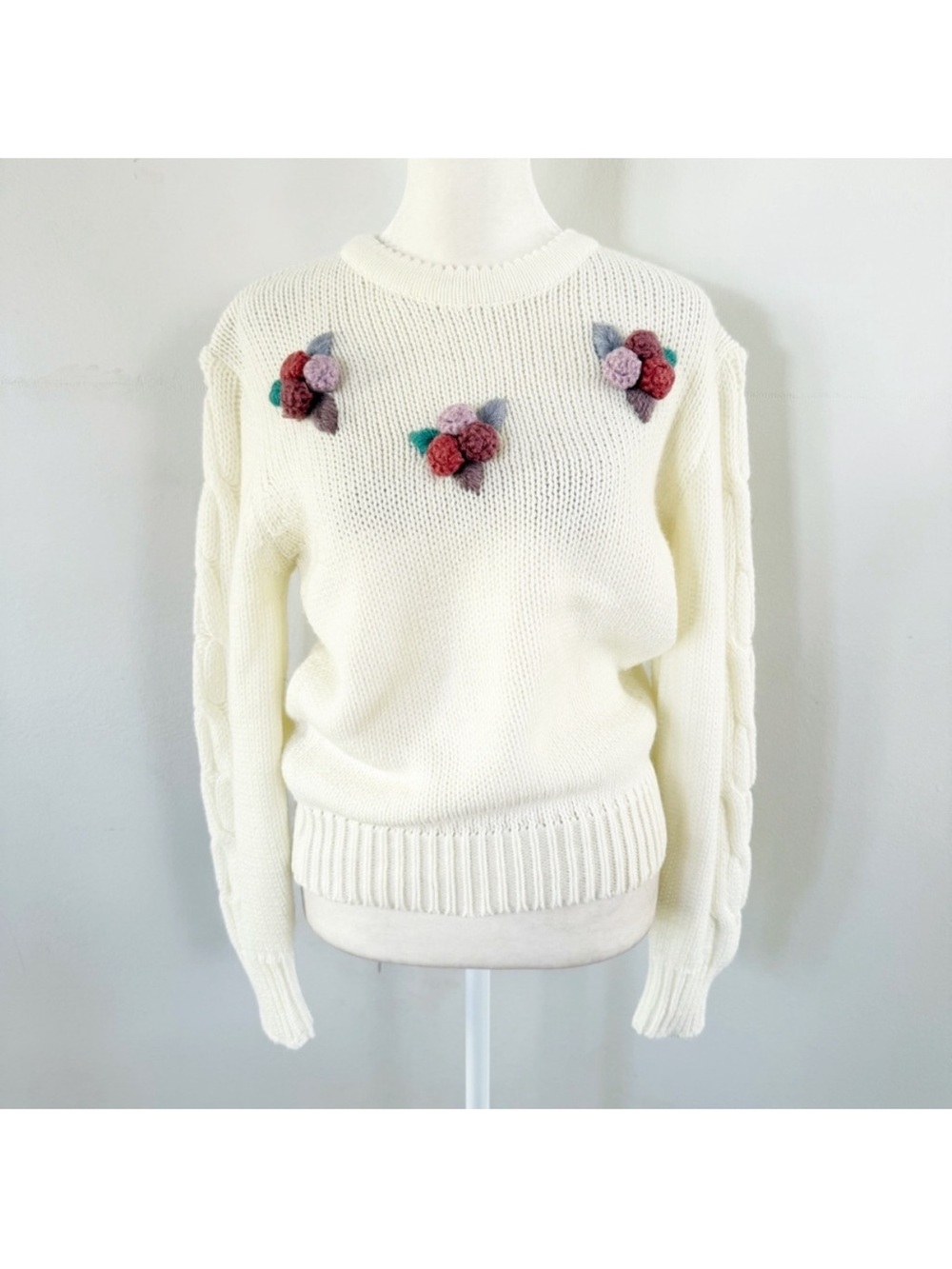 Vintage Women Bobble Floral Cable Knit Sweater‎ Large Cottagecore Prairie Granny